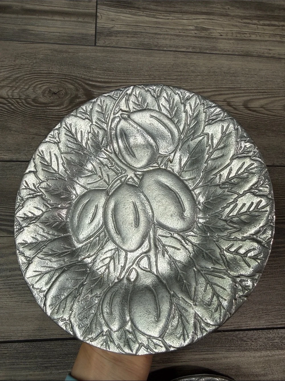 Set of 2 Vintage dinnerware pewter plates, fruit motif | 7.5”